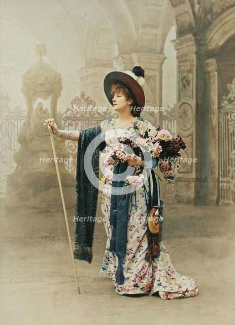 Sarah Bernhardt as Floria Tosca in Act I of Sardou's 'Tosca', neg 1887; print and mount after 1889. Creator: Nadar.