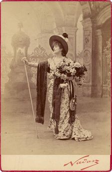 Sarah Bernhardt as Floria Tosca in Act I of Sardou's Tosca neg 1887; print and mount after 1889. Creator: Nadar