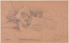 Sarah Bernhardt Reclining on a Divan, Reading, c. 1885-1890. Creator: Georges-Jules-Victor Clairin (French, 1843-1919)