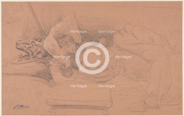 Sarah Bernhardt Reclining on a Divan, Reading, c. 1885-1890. Creator: Georges-Jules-Victor Clairin (French, 1843-1919).