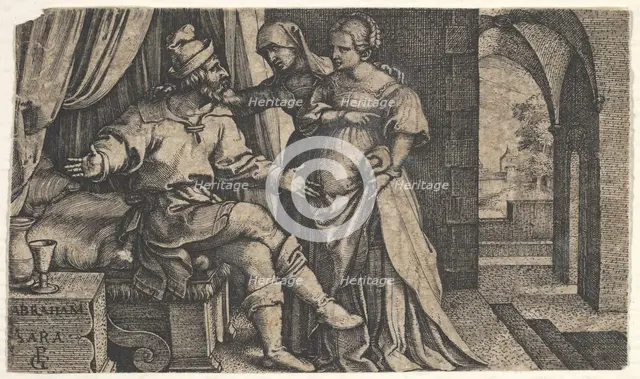 Sarah presenting Hagar to Abraham, who sits at the foot of a bed, from the series 'The..., ca. 1543. Creator: Georg Pencz.