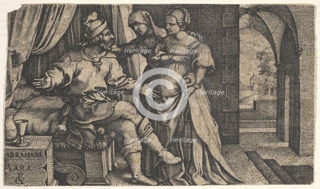 Sarah presenting Hagar to Abraham, who sits at the foot of a bed, from the series 'The..., ca. 1543. Creator: Georg Pencz.