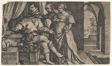 Sarah presenting Hagar to Abraham, who sits at the foot of a bed, from the series The..., ca. 1543. Creator: Georg Pencz