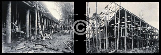 Sarawak: the supporting poles of a Kayan tribal house and a Sea Dayak house under construction. Creator: Unknown.
