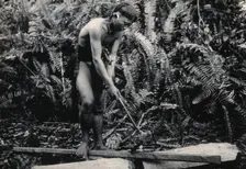 Sarawak: a Kenyah worker cutting a blowpipe from a block of wood, c1900. Creator: Unknown
