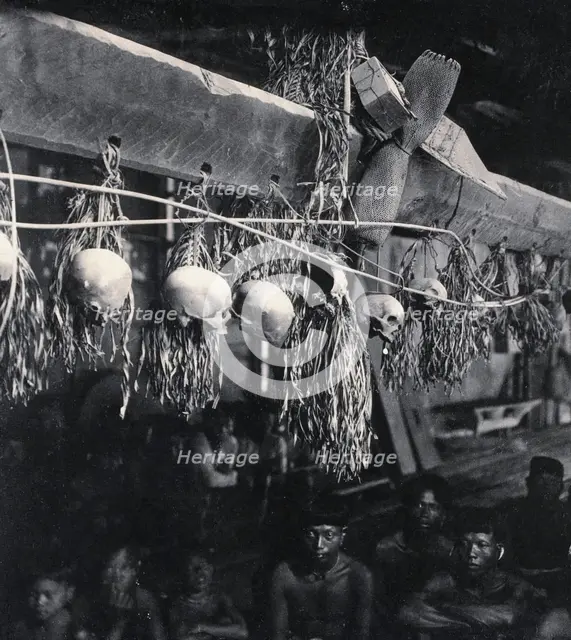 Sarawak: decorated human skulls hanging in a Kayan house, c1900. Creator: Unknown.
