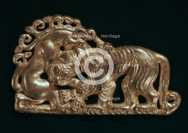 Sarmatian gold open-work plaque showing a tiger and fantastic beast. Artist: Unknown