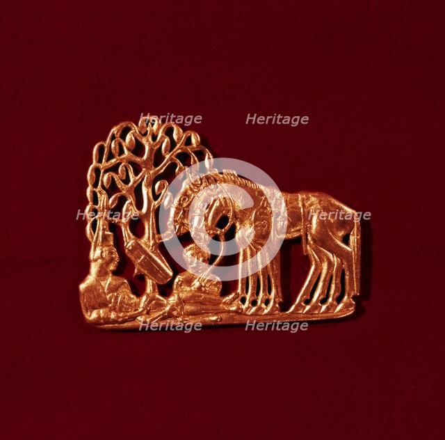 Sarmatian Gold Plaque, from Siberia, Scythian tree of life, and resurrected warrior,  5th century BC Artist: Unknown.