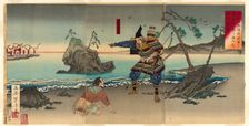 Sasaki Moritsuna Asking Fisherman to Reveal the Shallows Where His Troops can Cross and At..., 1884. Creator: Mizuno Toshikata