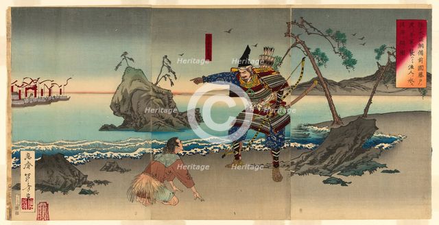 Sasaki Moritsuna Asking Fisherman to Reveal the Shallows Where His Troops can Cross and At..., 1884. Creator: Mizuno Toshikata.