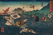 Sasaki Takatsuna racing Kajiwara Kagesue across the River Uji, from the series..., c1852. Creator: Kuniyoshi, Utagawa (Ichiyusai) (1797-1861)