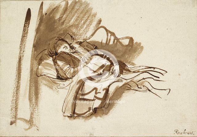 Saskia asleep in Bed, c1630s. Artists: Rembrandt Harmensz van Rijn    , Saskia van Uylenburgh.
