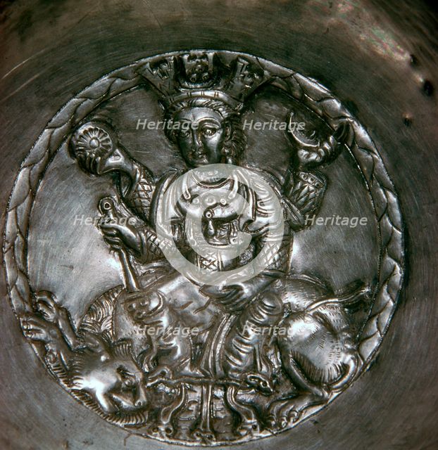 Sassanian dish showing a goddess seated on a lion. Artist: Unknown