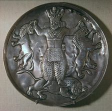 Sassanian dish showing a king holding lions