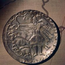 Sassanian Silver-Gilt Dish of King Peroz I, (459-484) Hunting Mouflon, c5th century