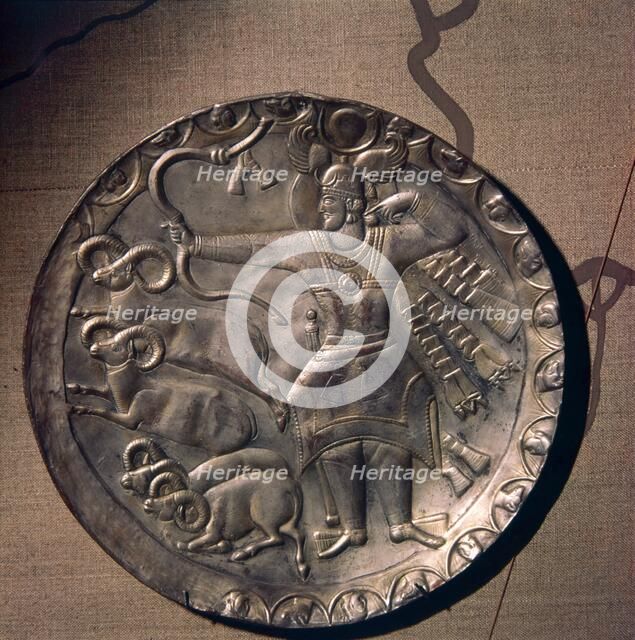 Sassanian Silver-Gilt Dish of King Peroz I, (459-484) Hunting Mouflon, c5th century.  Artist: Unknown.