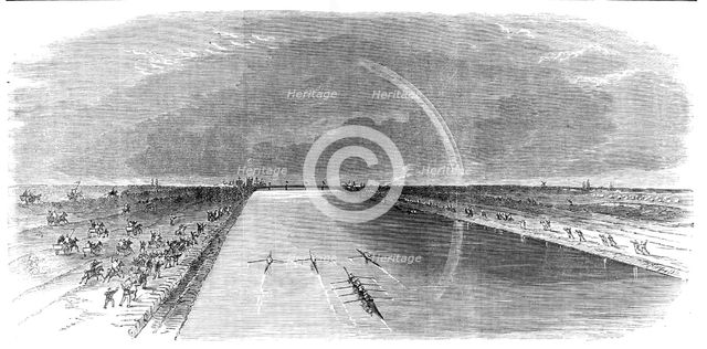 Sculling match for £250 between Kelley, Chambers, and Cooper...Eau Brink Cut, King’s Lynn, 1865. Creator: Unknown.