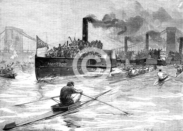 Sculling-race on Monday last for the Championship of the World,...above Hammersmith Bridge, 1881. Creator: Unknown.