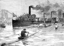 Sculling-race on Monday last for the Championship of the World,...above Hammersmith Bridge, 1881. Creator: Unknown