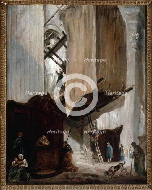 Sculpteur travaillant à la statue d'un saint à Saint-Pierre de Rome, c.1758 c.1759. Creator: Hubert Robert.