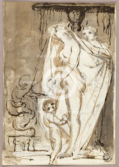 Sculptor Undraping Sculpture of a Nude Woman and Child, 1766/1831. Creator: James Northcote.