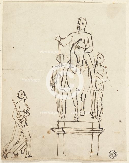 Sculpture of Horseman Accompanied by Two Standing Figures, with Sketch of One of Latter, n.d. Creator: Thomas Stothard.