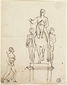 Sculpture of Horseman Accompanied by Two Standing Figures, with Sketch of One of Latter, n.d. Creator: Thomas Stothard