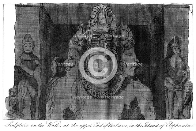 'Sculpture on the Wall at the Upper End of the Cave, Island of Elephanta', India, 1799. Artist: Unknown