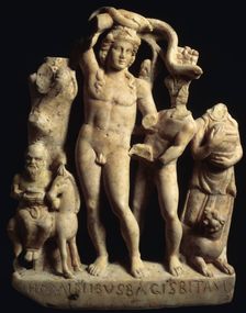 Sculpture depicting Bacchus with Silenus, a satyr, maenad and panther. Creator: Unknown