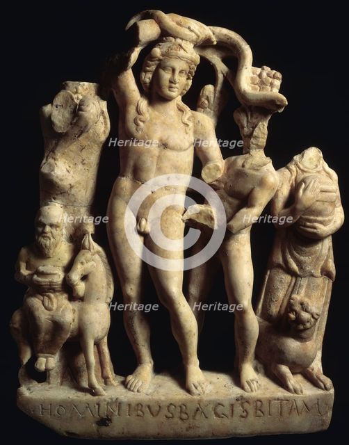 Sculpture depicting Bacchus with Silenus, a satyr, maenad and panther.  Creator: Unknown.