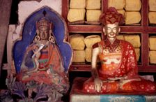 Sculptures and books, Buddhist monastery , Ladakh, India, 1988. Creator: Amanda Waite