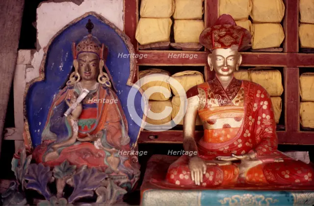 Sculptures and books, Buddhist monastery , Ladakh, India, 1988. Creator: Amanda Waite.
