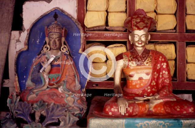 Sculptures and books, Buddhist monastery , Ladakh, India, 1988. Creator: Amanda Waite.