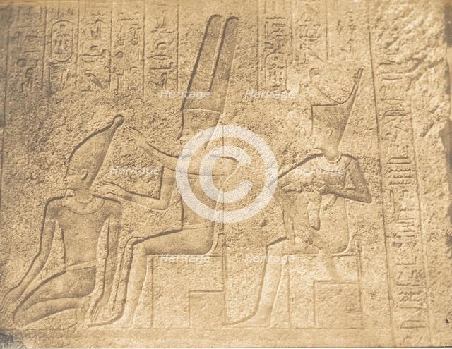 Sculptures extérieures du Sanctuaire de granit du Palais de Karnac (Ammon assurant la c..., 1849-50. Creator: Maxime du Camp.