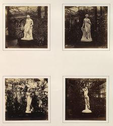 [Sculptures of the Tired Hunter, a Nymph Preparing to Bathe, Godiva, and an Allegorica..., ca. 1859. Creator: Attributed to Philip Henry Delamotte