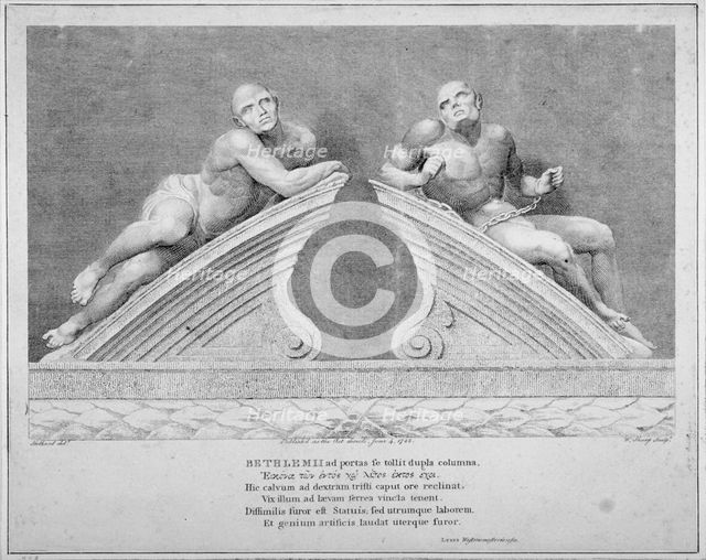 Sculptures outside the entrance to Old Bethlehem Hospital, Moorfields, City of London, 1783. Artist: William Sharp