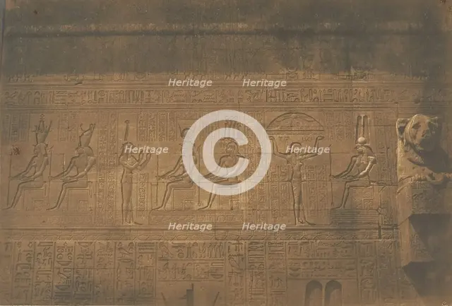 Sculptures sur la façade postérieure du grande Temple de Dendérah (Tentyris), 1849-50. Creator: Maxime du Camp.
