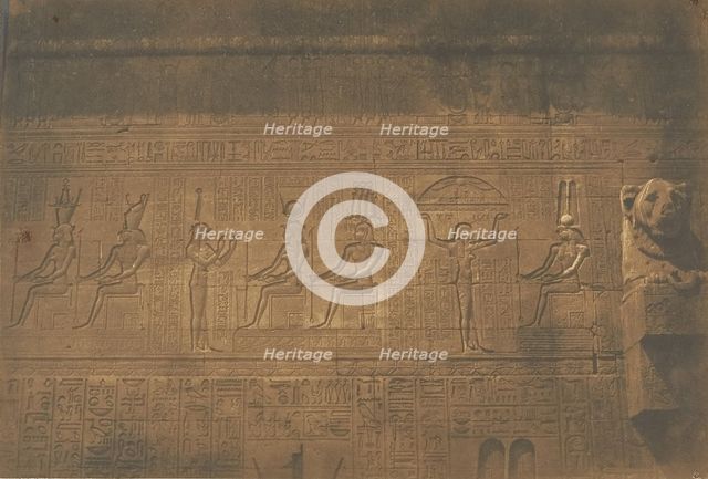 Sculptures sur la façade postérieure du grande Temple de Dendérah (Tentyris), 1849-50. Creator: Maxime du Camp.
