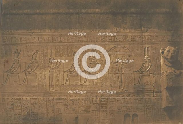 Sculptures sur la façade postérieure du grande Temple de Dendérah (Tentyris), 1849-50. Creator: Maxime du Camp.