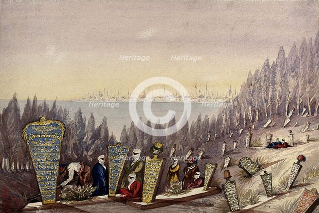 Scutari: people in the Turkish burial ground; city in the background, 1854. Creator: Montagu O'Reilly.