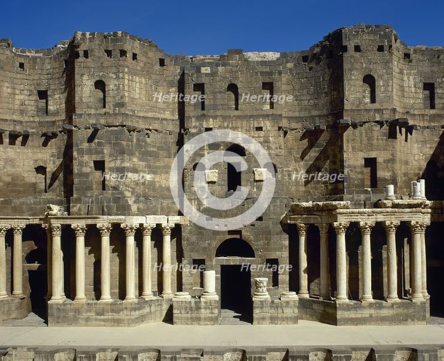 Scaenae frons, porticus post scaenam and pulpitum, Roman Theatre, Bosra, Syria, 2001. Creator: LTL.