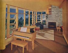 Scale model of a large living-room (25 feet long) in a modern house, designed by Edward D. Stone