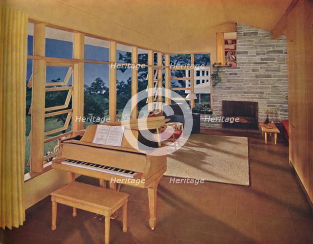 'Scale model of a large living-room (25 feet long) in a modern house, designed by Edward D. Stone',  Artist: Unknown.