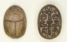 Scarab: Hathor Sistrum with Hieroglyphs (xaw-signs, hAt-signs, child signs, papyrus stalk), Egypt... Creator: Unknown
