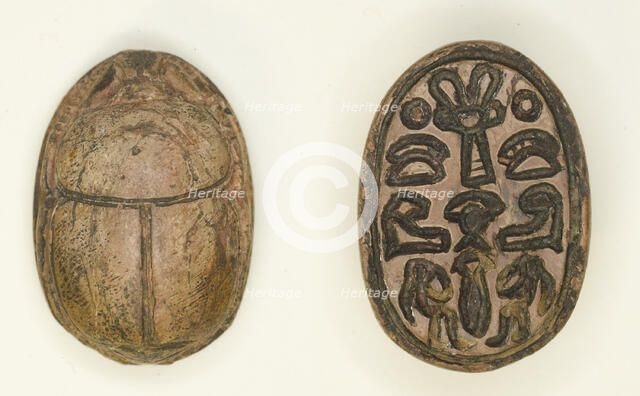 Scarab: Hathor Sistrum with Hieroglyphs (xaw-signs, hAt-signs, child signs, papyrus stalk), Egypt... Creator: Unknown.