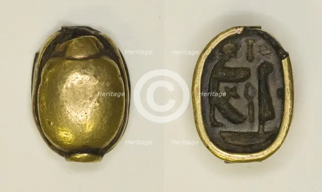 Scarab: Hieroglyphs and Figures (Re-Harakhti, nb- and ma'at signs), Egypt, New Kingdom... Creator: Unknown.