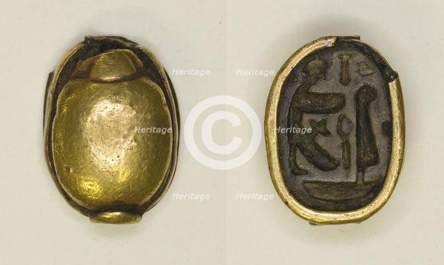 Scarab: Hieroglyphs and Figures (Re-Harakhti, nb- and ma'at signs), Egypt, New Kingdom... Creator: Unknown.
