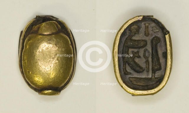 Scarab: Hieroglyphs and Figures (Re-Harakhti, nb- and ma'at signs), Egypt, New Kingdom... Creator: Unknown.