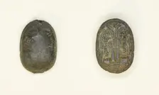 Scaraboid: Face Motif on Top; Two Figures Holding Flower on Base, Egypt, Second Intermediate... Creator: Unknown