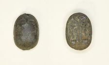 Scaraboid: Face Motif on Top; Two Figures Holding Flower on Base, Egypt, Second Intermediate... Creator: Unknown